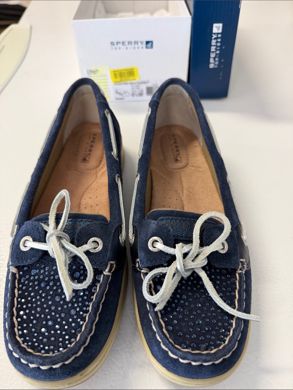 Sperry Navy Suede Moccasin with Crystal Detail